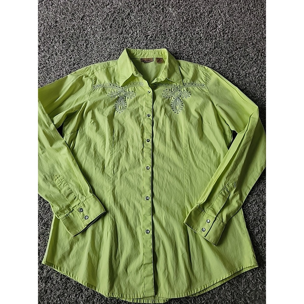 Wrangler Womens Neon Yellow Western Long Sleeve Shirt With Rhinestones Size XL